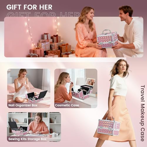 Makeup Case with Lighted Mirror Travel Makeup Organizer Box Portable Lockable 2 Trays Cosmetic Train Case with LED Mirror for Girls Make up Nail Kits Sewing Vanity Storage Case, Shiny Pink