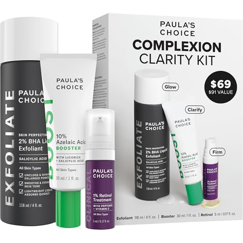 Paula's Choice Complexion Clarity Kit, 3 Piece Set Includes Full-Sized 2% BHA Exfoliant, 1% Retinol Treatment, Full-Sized 10% Azelaic Acid Booster, Skin Care Set for Clear, Glowing Skin
