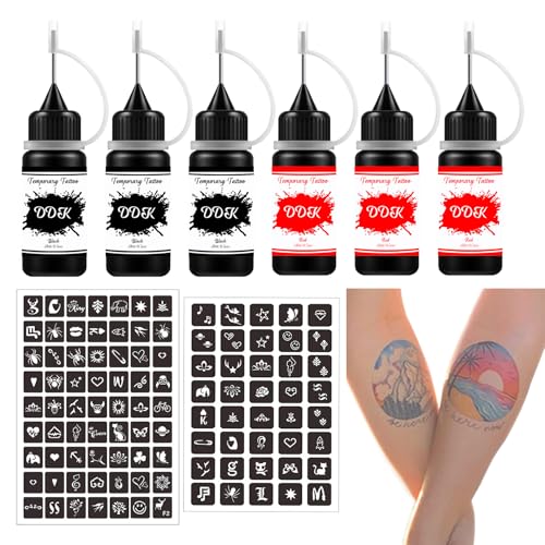Temporary Tattoo Kit with 6 Bottles Semi Permanent Ink DIY Fake Freckles and 64 Patterns Adhensive Stencils for Women Men, Black/Red
