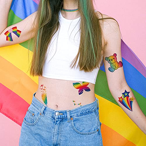 Glitter Rainbow Temporary Tattoos - 140 PCS Glitter Pride Tattoos Butterfly Heart Rainbow Tattoos for Pride Party Favors