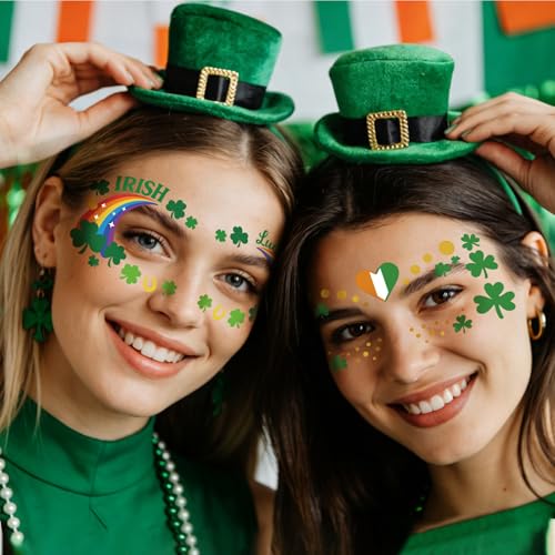 28 Sheets Saint Patrick Face Temporary Tattoo, Green Shamrock Lucky Four Leaf Clover Waterproof Fake Tattoos Face Makeup Freckles Patches For Women Girls St. Patrick's Day Festival Party Supply