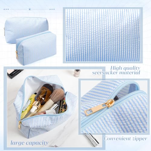 Sanwuta 6 Pcs Seersucker Cosmetic Bags Bulk Seersucker Makeup Bags Stripe Women Pouch Large Preppy Storage Pouch Toiletry Travel Organizer for Wedding Bridesmaid Bride Favor Mom Gift (Blue)