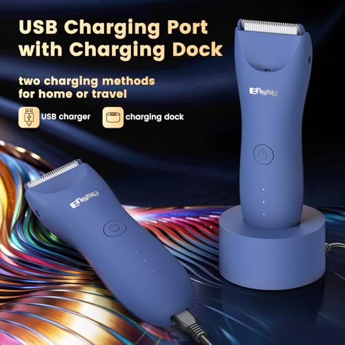 Electric Body Hair Trimmer for Men with Extra Skin-Safe Ceramic Blade, Ball Shaver Groomer w/LED Light& Charging Dock, Pubic Groin Hair Trimmer Male Razor Waterproof (Blue-with Charging Light)