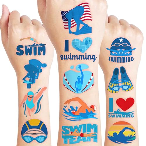 96 PCS Swimming Pre-Cut Temporary Tattoos for Kids | Super Cute Swim Team Pool Beach Themed Birthday Party Favors, Supplies, Decorations, Fake Tattoo Stickers, School Rewards & Gifts Boys & Girls