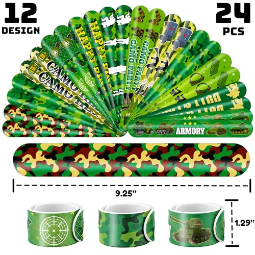72PCS Military Party Favors 24PCS Pre-cut Tattoos Sticker 24PCS Slap Bracelets Perfect for Themed Birthday Baby Showers or Classroom Rewards Ideal Decor and Gifts for Girls and Boys