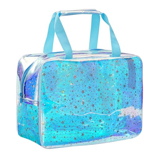 TPU Clear Makeup Bag for Women Waterproof Star Make Up Bag Toiletry Bag Travel Durable Cosmetic Bag Large Cute Tote Bag Organizer Makeup Pouch, Rainbow Blue