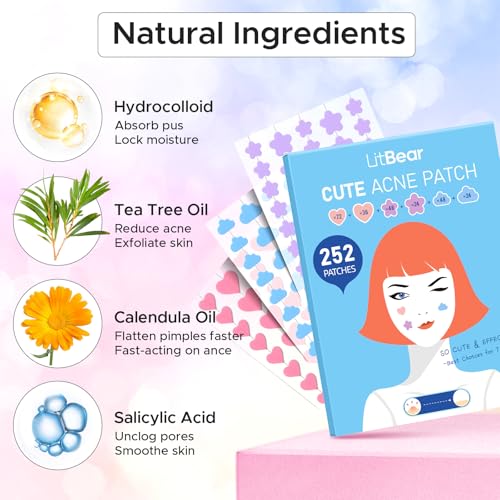 LitBear Acne Pimple Patch, 6 Sizes 252 Dots Cute Pimple Patches with Salicylic Acid, Tea Tree Oil & Calendula Oil, Hydrocolloid Acne Patches for Face, Colorful Zit Patch Blemish Sticker Acne Dots
