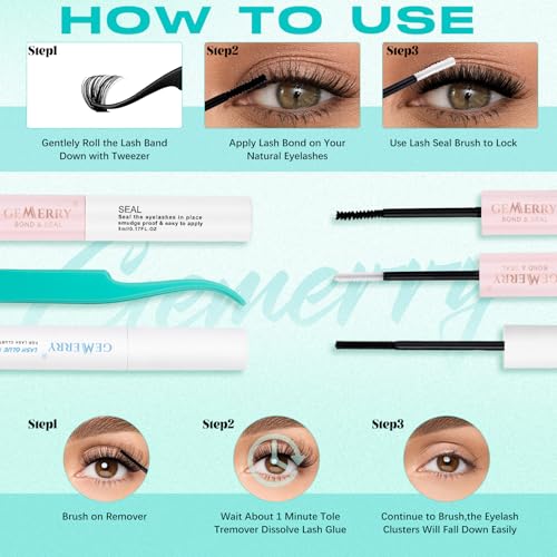 GEMERRY Lash Clusters DIY Lash Extension Kit 60D+80D+100D D Curvature Individual Lashes Eyelash Extension Kit 280 pcs Thin Band Cluster Lash Bond and Seal Tweezers with Lash Remover