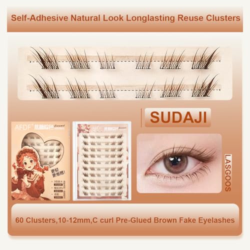 Brown Self Adhesive Fake Eyelashes 60 Clusters Press On Eyelash LASGOOS Natural Curl 3D Lash 10-12mm Pre-Glued Longlasting Winged Lashes Bulk DIY Eyelash Extensions No Glue Needed False Lashes SDJ