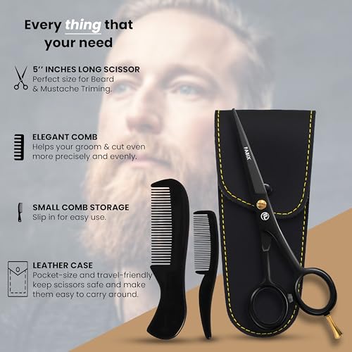 5¡± Professional Beard Mustache Scissors with 1 Beard Comb, 1 Mustache Comb and Travel Pouch - Perfect Beard Trimming Scissors for All Facial Hair Scissors - Grooming Scissors