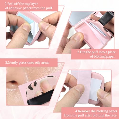 BOROLA 3-in-1 Oil Blotting Paper Set for Face Oil Absorbing Sheet with Portable Mirror & Adhesive Makeup Puff, Blotting Paper for Oily Skin, Design for Men & Women(100 Sheets, Pink Leopard Print)
