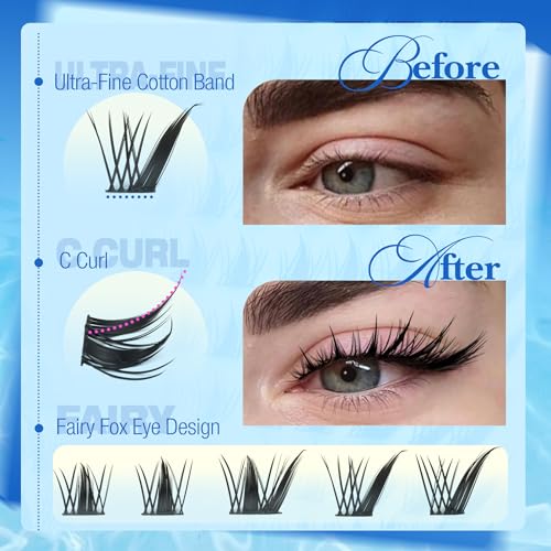 Fox Eye Lash Clusters Spiky Individual Lash Extensions L-Curly Fairy Cluster Eyelash Extensions Anime Wispy Individual Eyelashes Left & Right Cat Eye Cluster Lashes Manga Lash Extension Easy to Apply