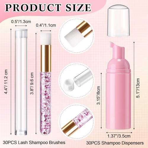 Zhehao 150 Pcs Lash Shampoo Kit Bottle Brushes Bulk 30 Eyelash Dispensers 30 Lash Shampoo Brushes 30 Reusable Aftercare Bag 30 Eyelash Pipes 30 Extension Aftercare Cards(Pink)