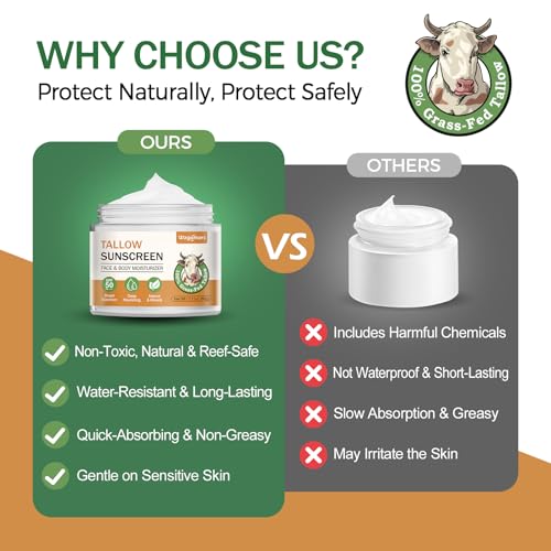 Beef Tallow Sunscreen SPF 50 - Organic Mineral Sunscreen with Zinc Oxide - Non-Toxic Natural Sunblock for Face & Body - Water Resistant, Reef Safe, Moisturizing for Dry and Sensitive Skin