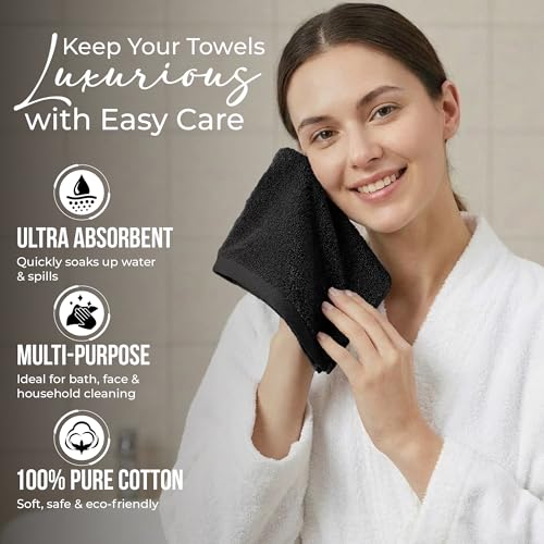 RIVERSIDE 12 Pack Premium 100% Cotton Face Wash Cloths, 12 x 12 Inches, Soft & Absorbent Face Towels for Bathroom Wash Clothes, 550 GSM, Luxury WashCloths for Showering, Body, Spa & Gym, Black