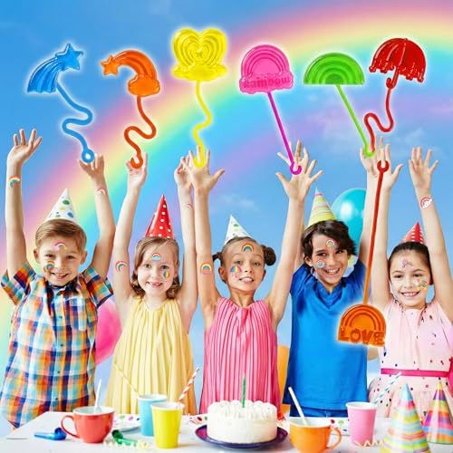 48PCS Rainbow Party Favors - 24PCS Temporary Tattoos & 24PCS Stick Hands - Perfect Birthday Party Supplies, Goodie Bag Stuffers, Treasure Box Toys, Classroom Prizes, and Student Gifts