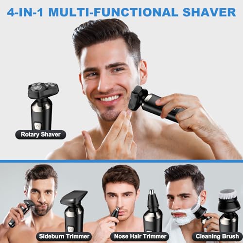 4-in-1 Electric Razor for Men, Magnetic Floating Heads, LED Display, IPX7 Waterproof, Travel Lock & Nose Trimmer - Complete Grooming Kit Gift Set