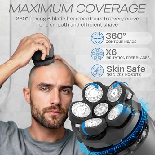 HUMMINGBIRD MK3 Stealth Edition Electric Head Shaver - 6 Blade Electric Razors for Men, Cordless USB-C Rechargeable Waterproof Head Shaver with One Additional Magnetic Replacement Blade