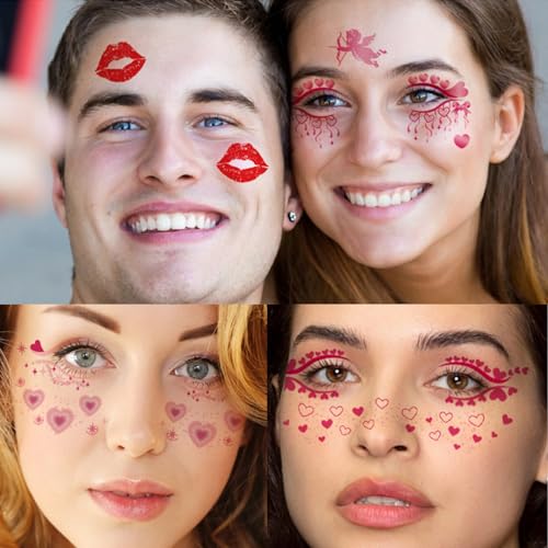 10 Sheets Valentine Makeup Temporary Face Tattoo Sticker Heart Lips Kiss Women Face Body Art Decals Wedding Party Decorations Supplies