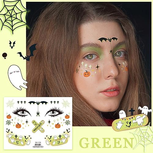 Uranian Halloween Temporary Tattoos Face Freckle Makeup Tattoos Cobweb Spider Bat Ghost Tattoo Stickers Cute Face Makeup Decals Halloween Fake Tattoos for Women
