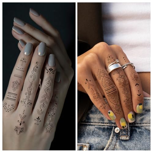 Cerlaza 62 Styles Temporary Tattoos Adult, Henna Hand Finger Fake Tattoos Semi Permanent Tattoo for Women Men, Realistic Long Lasting Small Hannah Tatoo Temporary Kits Stickers Body Art for Neck