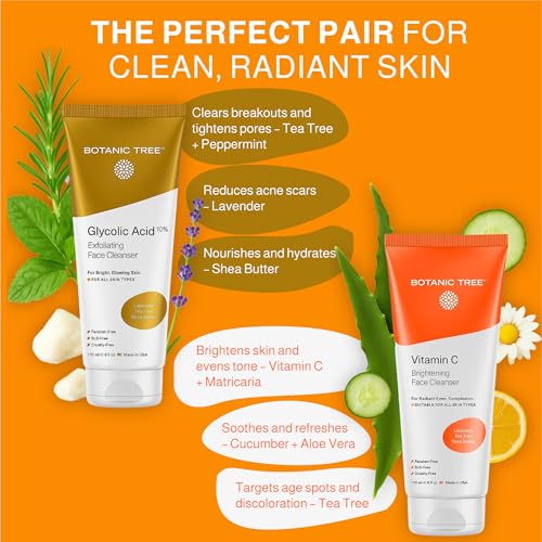 Botanic Tree Double Face Wash Kit - Gentle Facial Cleanser Set of Glycolic Acid Exfoliator Facewash And Vitamin C Cleanser for Women, Men - Natural Exfoliating Scrub Set for Oily, Dry, Sensitive Skin