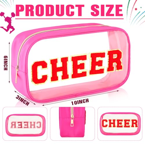 Abbylike Cheer Clear Makeup Letter Bag Cosmetic Zipper Cheers Pouch Chenille Patch Cheerleader Gifts Preppy Cheer Accessories Nylon Handmade Toiletry Bags for Cheerleading Women Girls Gifts, Rose Red