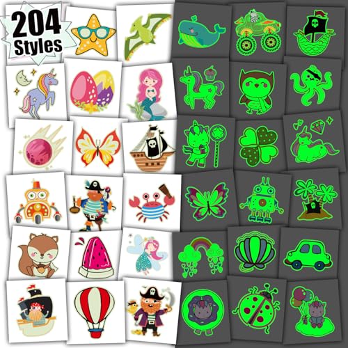 Partywind 204 Styles Luminous Kids Temporary Tattoos, Glow Party Supplies Favors for Kids Goodie Bag Stuffers, Fun Birthday Party Decorations for Boys Girls Games (Individually Wrapped Cut)