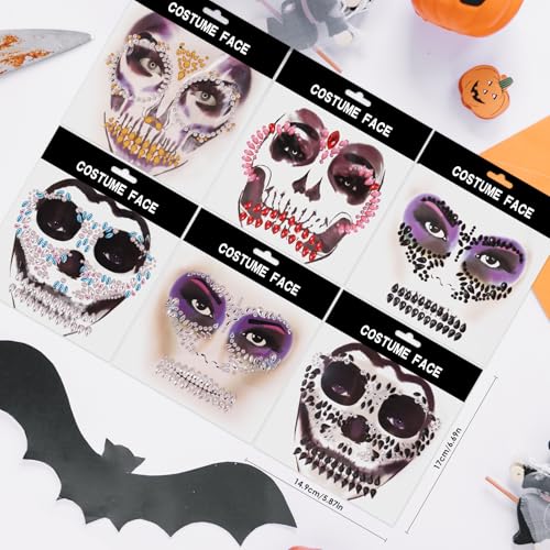 Erythem Skull Face Gems 6 Pack Day of the Dead Face Jewels Crystals Skeleton Face Gems for Halloween Festival Rave Party Makeup