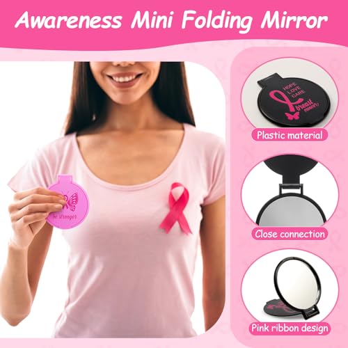 Yexiya 100 Pcs Breast Cancer Awareness Gift Bulk Breast Cancer Round Mini Folding Makeup Mirror with Pink Ribbon Pocket Travel Mirror for Women Friends(Pink, White and Black,Inspirational)