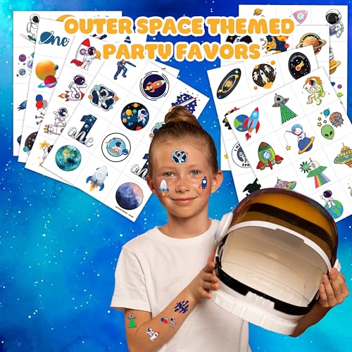 Outer Space Pre-cut Temporary Tattoos 96 PCS One Space Birthday Party Decorations Favors Supplies Planet Themed Stickers 8 Sheets Gifts for Kids Girls Boys Decor Class School Christmas