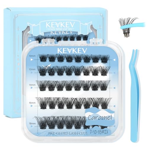 KevKev Self Adhesive Eyelashes 40Pcs Press On Lashes No Glue Needed Self Adhesive Lash Clusters Reusable Pre-Glued Eyelashes with Tweezers DIY Lash Extension Kit for Beginners (Caramel, D-10-18mix)