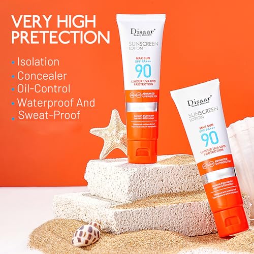 DISAAR BEAUTY Sunscreen Lotion SPF 90 PA+++ Sweatproof UVA/UVB Protection Waterproof Moisturizing Skin 50ml / 1.69fl.oz