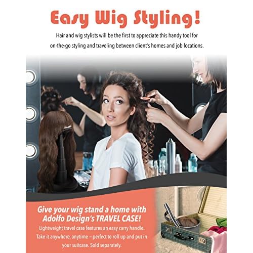 Adjustable Wig Head for Travel and Salon - Black Stand, Styrofoam Head, Collapsible Compact Stand Expands for Long and Short Wigs - by Adolfo Design