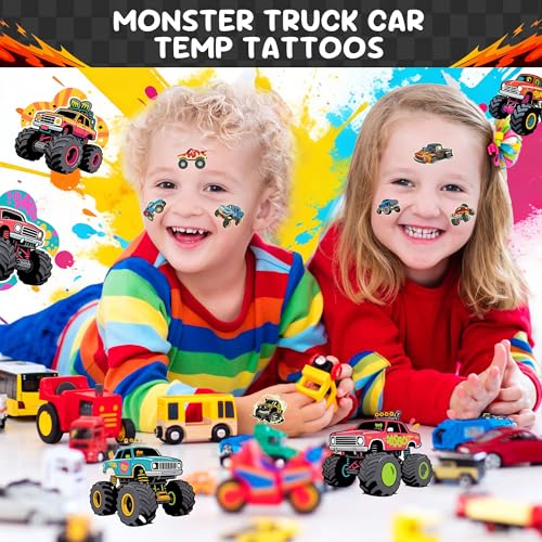 86 Pcs Monster Truck Car Temporary Tattoos for Teen Boys Gift Ideas, 12 Sheet Glow in The Dark Fake Tattoo Stickers Set, Cute Birthday Party Favors, Decoration Supplies & Rewards