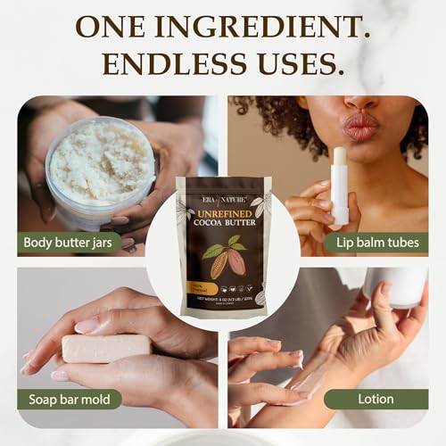 Era of Nature Cocoa Butter Raw ? 100% Pure & Unrefined, Cold-Pressed Cacao ? For DIY Skincare & Haircare ? Deep Hydration for Skin, Hair, Lips ? Stretch Mark & Scar Care ? Natural Chocolate Scent, 8oz