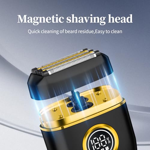 HIENA PRO Men's Electric Foil Shaver - USB-C Rechargeable, IPX7 Waterproof, Pocket-Sized with LED Display for Travel & Home (Black Gold)