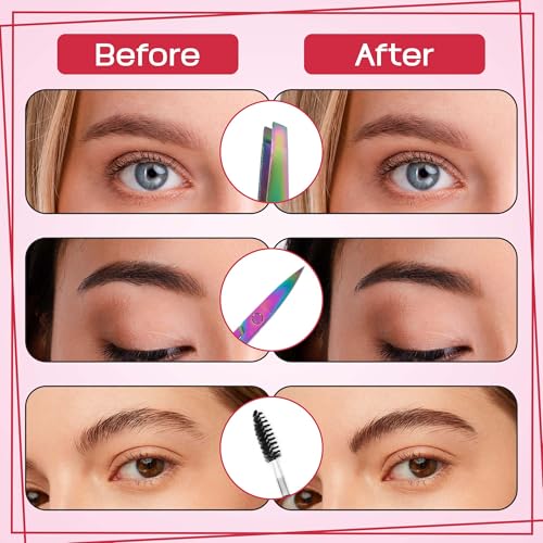 6-Piece Precision Eyebrow Tweezers for Women & Men - Professional Eyebrow & Facial Hair Grooming Kit with 4 Tweezers For Eyebrows, Eyebrow Scissors & Brush - Stainless Steel Tools in Leather Case
