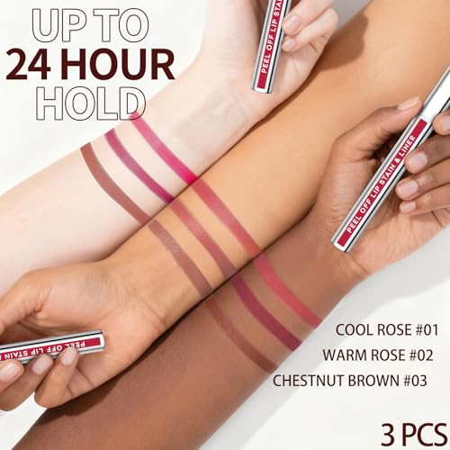 3Pcs Lip Stain Peel Off Set, Peel Off lip Liner Stain Long Lasting Waterproof, Matte Lip Tattoo Tint Transfer Proof, Highly Pigmented Color Lip Makeup(#01+02+03)