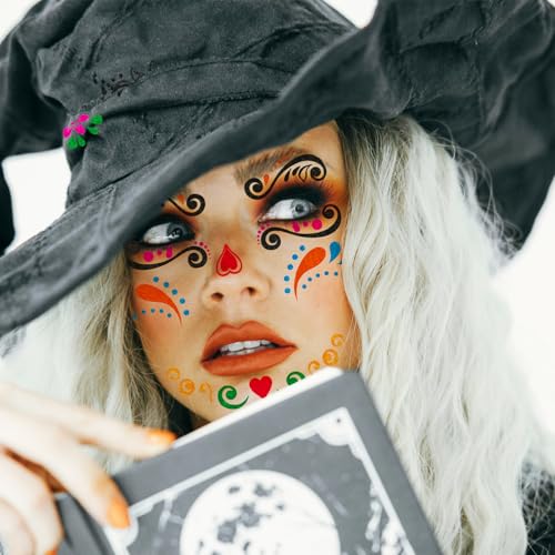 Ceiba Tree Day of Dead Glitter Tattoos 6 Sheets Halloween Temporary Sugar Skull Face Tattoos Floral Skeleton Full Face Mask Stickers for Women Adult Halloween Party Favor Supplies Decorations