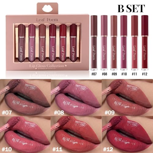 Lip Gloss Set with Glossy and Soft Brush Non-Sticky Moisturizing Lipgloss for Women Lip Makeup Collection (6 Pcs B)