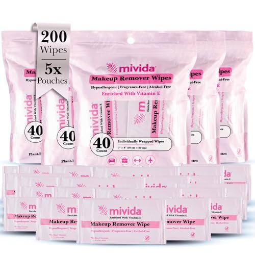 mivida Hypoallergenic Makeup Remover Wipes Individually Wrapped with Vitamin E, Plant-Based Face Wipes, Alcohol Free, Fragrance Free Makeup Wipes Travel Size, (5 pouches x 40 Wipes) Total 200 ct
