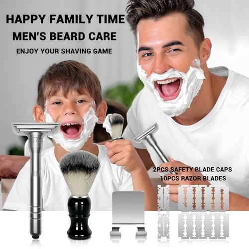 Adjustable Double Edge Safety Razor Shaving Kit for Men & Women - Shaving Brush, 10 Relacement Blades, Cleaning Brush & Razor Holder, Gift for Him, Boyfriend, Dad, Husband