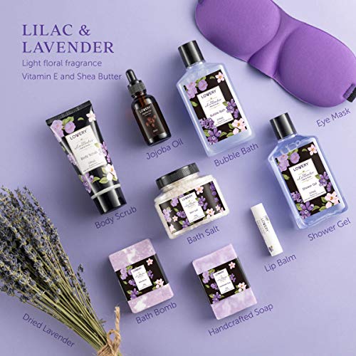 Gift Baskets for Women, Valentines Day Gifts for Her, Spa Gifts for Women ? Lavender & Lilac Bath Set Soap, Bath Bomb, Jojoba Oil, Lip Balm Bath and Body Gifts for Mom