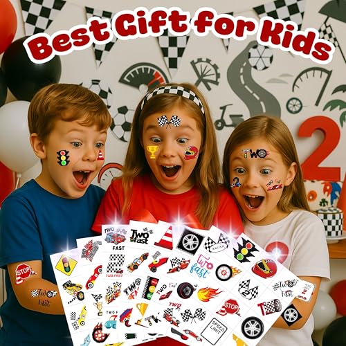 96 PCS Two Fast Race Car Pre-CutTemporary Tattoos Stickers Theme 2nd Birthday Party Decorations Favors Supplies Decor 2 Fast Racing Checkered Tattoo Sticker Gifts For Boys Girls School Prizes