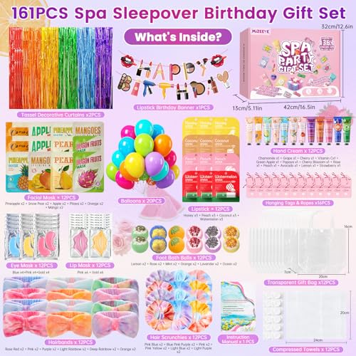 160 PCS Spa Party Supplies For Girls, Kids & Family, Include Face, Eye, Lip & Foot Care, Sleepover Birthday Party Favors With Banner, Balloons, Fringe Curtain, Spa Birthday Gift Set For 12 People