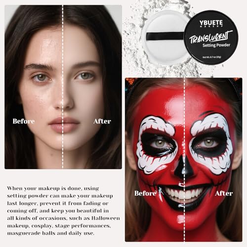 White Black Face Body Paint Stick Set with Translucent Setting Powder and Sponges, Professional Full Coverage Face Painting for Adults Halloween Cosplay SFX Skull Zombie Skeleton Goth Makeup