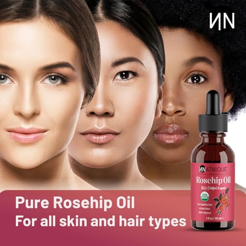 Natnique Organic Rosehip Seed Oil, 1 oz ? USDA Certified Cold-Pressed Moisturizer for Face, Skin & Hair ? Natural Hydrating Serum for Wrinkles & Fine Lines ? Ideal for Gua Sha Massage & Radiant Glow