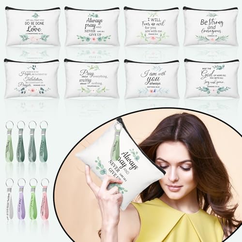 Panelee 48 Pcs Christian Cosmetic Bags Bulk for Women Bible Verse Makeup Bags Inspirational Keychains Christian Appreciation Gifts Religious Canvas Pouches with Zipper for Women Church Gift