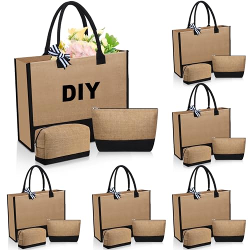 18 Pcs Burlap Tote Bags Bulk and Makeup Bag Set Large DIY Jute Tote Personalized Gift for Wedding Bridesmaid Women